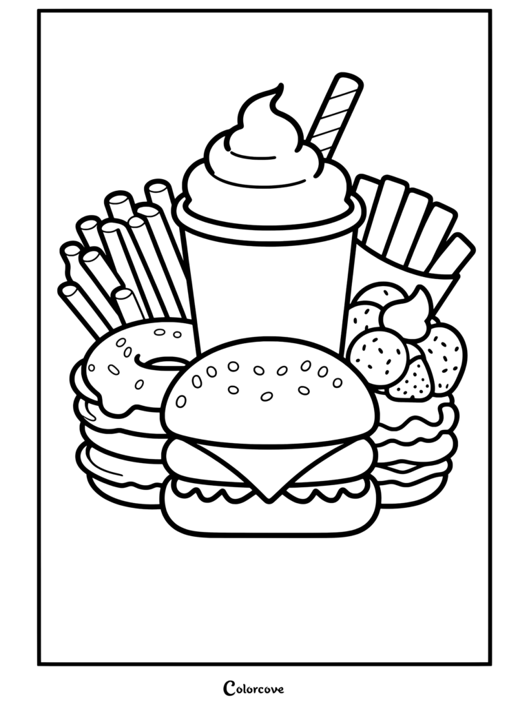 Una divertida página para colorear de Comida Kawaii que presenta un combo de comida rápida con hamburguesa, patatas fritas, batido, dona y pila de tortitas.