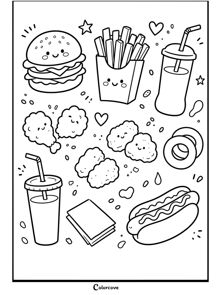 Una página para colorear imprimible que presenta un conjunto de comida rápida kawaii con una hamburguesa sonriente, patatas fritas, bebida, nuggets, perrito caliente y aros de cebolla.