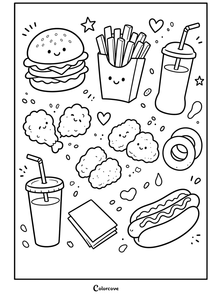 Página para colorear de Comida Kawaii que presenta un conjunto de comida rápida kawaii con hamburguesa sonriente, patatas fritas, nuggets de pollo, perrito caliente y bebidas.