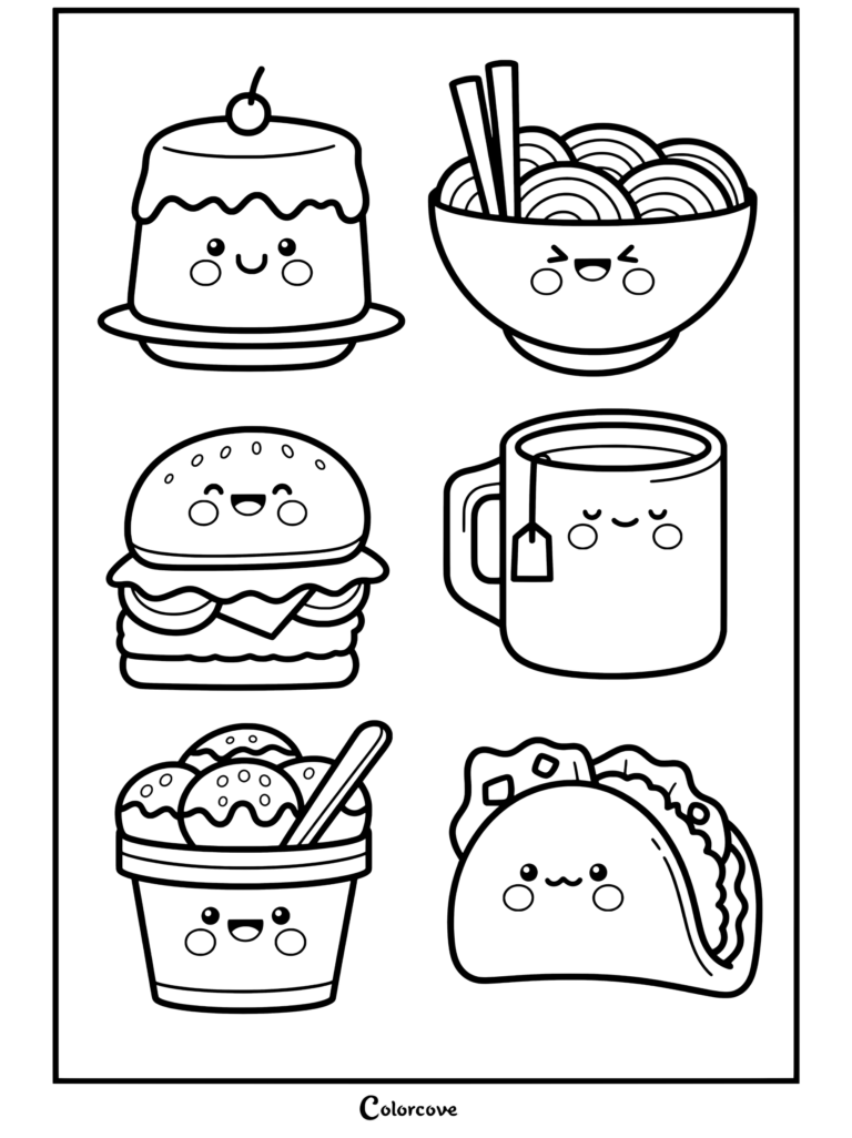 Página para colorear imprimible que presenta un conjunto de personajes de Comida Kawaii que incluye pudin, ramen, té, hamburguesa, helado y taco.