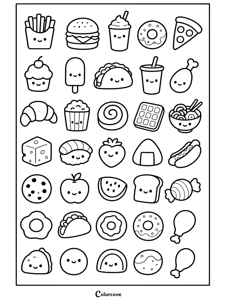 Página para colorear de Comida Kawaii que presenta una cuadrícula de comida rápida, dulces y aperitivos lindos con caras felices y sonrientes.