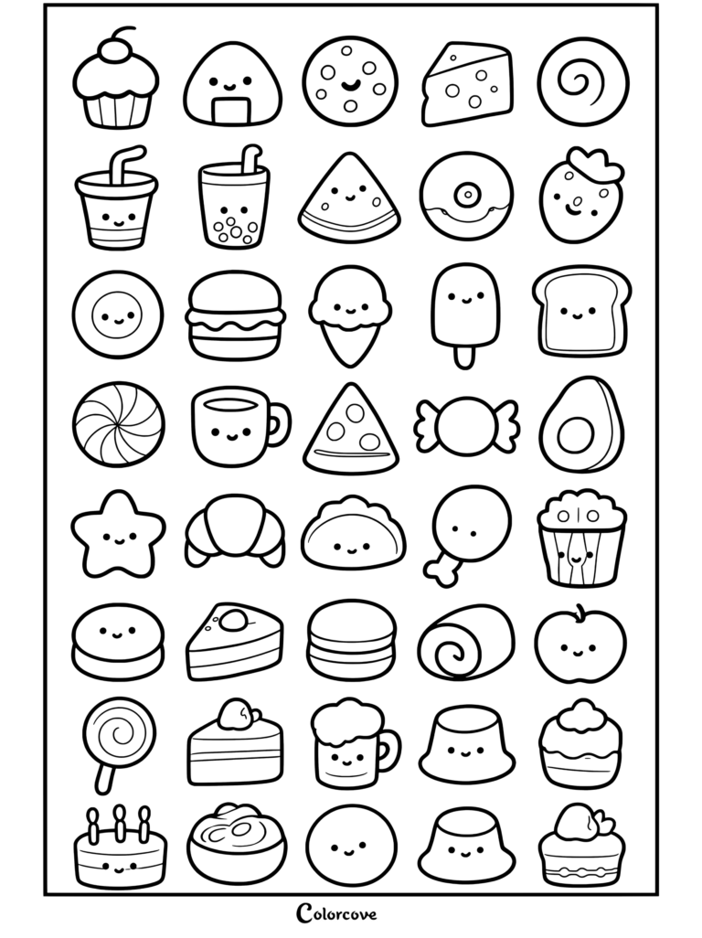 Cuadrícula de iconos de Comida Kawaii con dibujos para colorear de pastelito, bola de arroz, galleta, queso, bebida, sandía, dona, fresa, hamburguesa, helado, pan y caramelo.