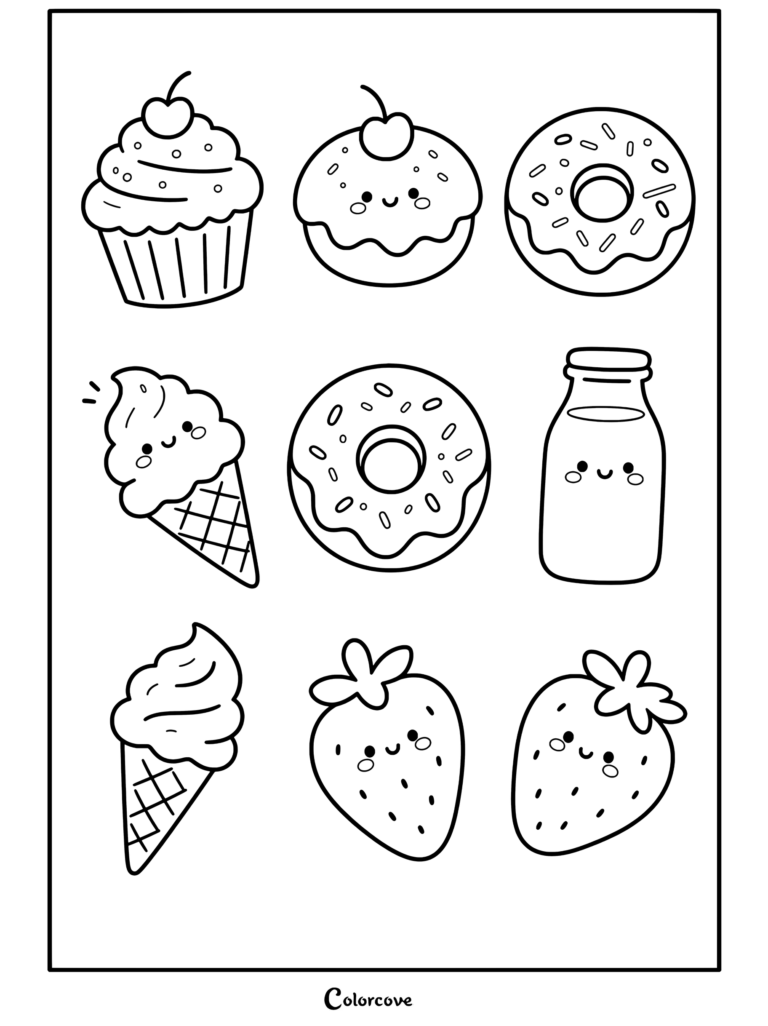 Un dibujo para colorear imprimible con un conjunto de iconos de Comida Kawaii que incluye un pastelito, donas, conos de helado, una botella de leche y fresas con caras sonrientes y tiernas.