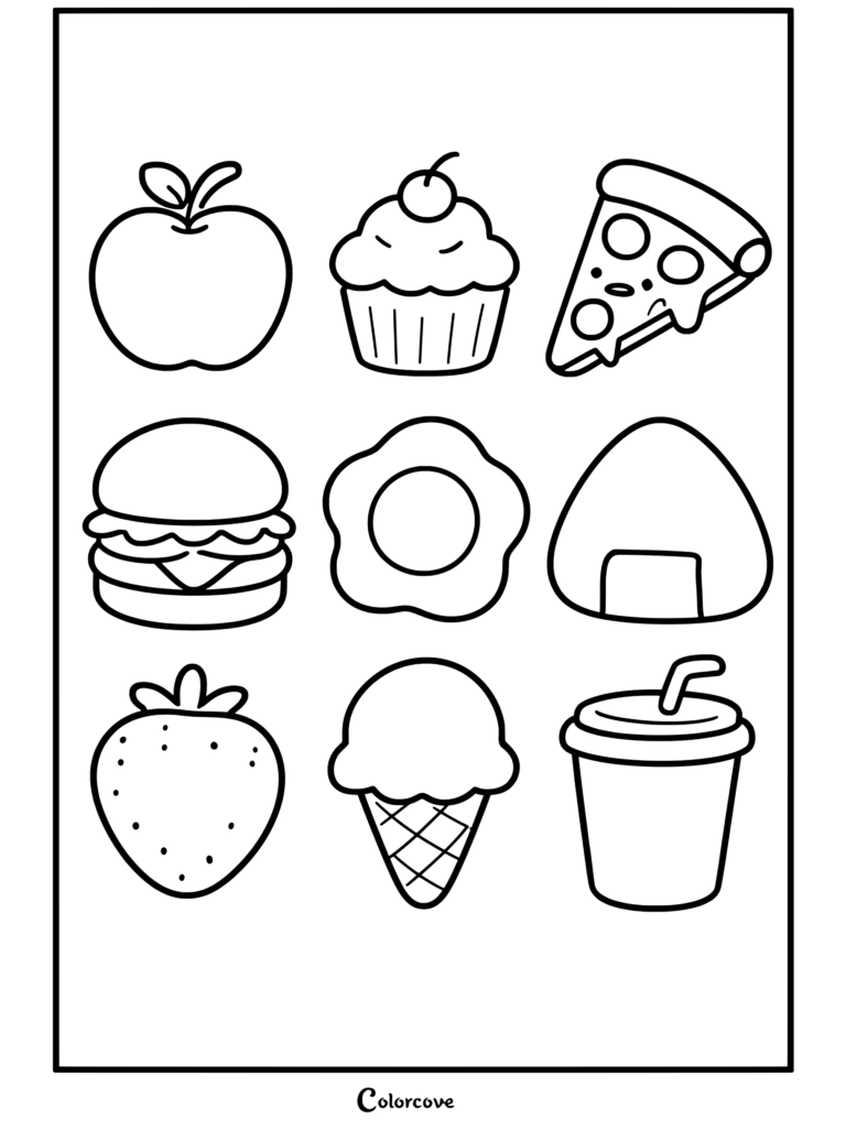 Un dibujo de Comida Kawaii para imprimir que incluye una manzana, un pastelito, una porción de pizza, una hamburguesa, un huevo frito, onigiri, una fresa, un cono de helado y un vaso de bebida.