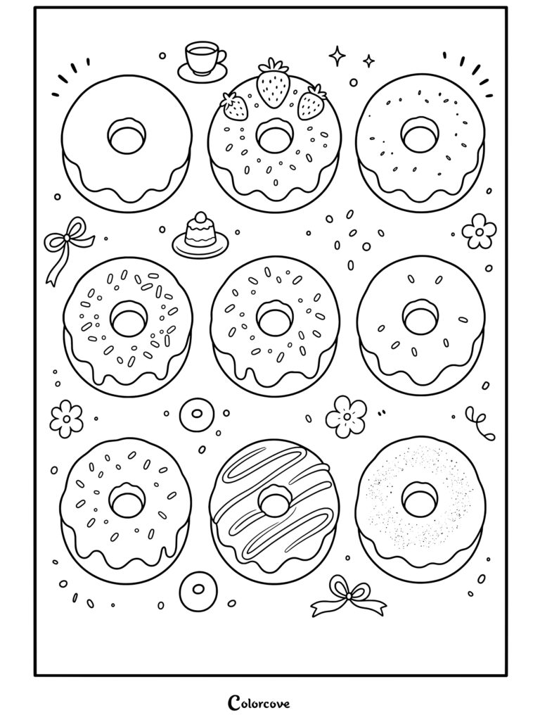 Página para colorear de ilustración de Comida Kawaii que presenta una cuadrícula de nueve donas pastel adorables con glaseado de fresa, chocolate y vainilla, chispas, una taza de café y un mini postre.
