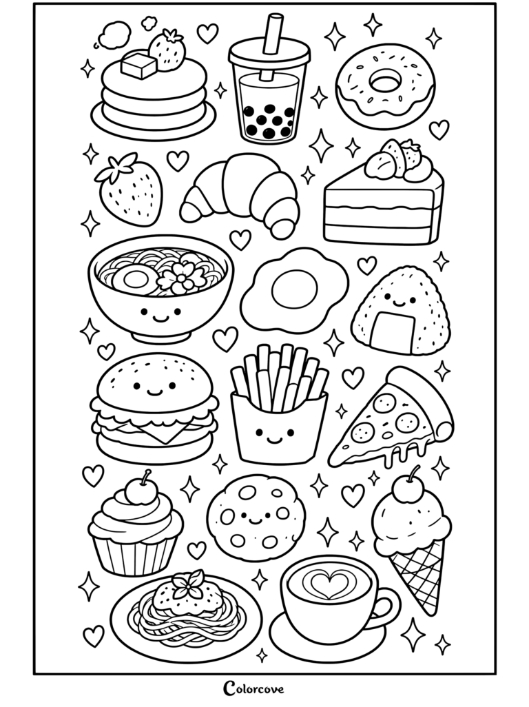 Una página para colorear de hoja de pegatinas de Comida Kawaii que presenta tortitas sonrientes, té boba, dona, fresa, cruasán, pastel, ramen, huevo frito, onigiri, hamburguesa y patatas fritas.