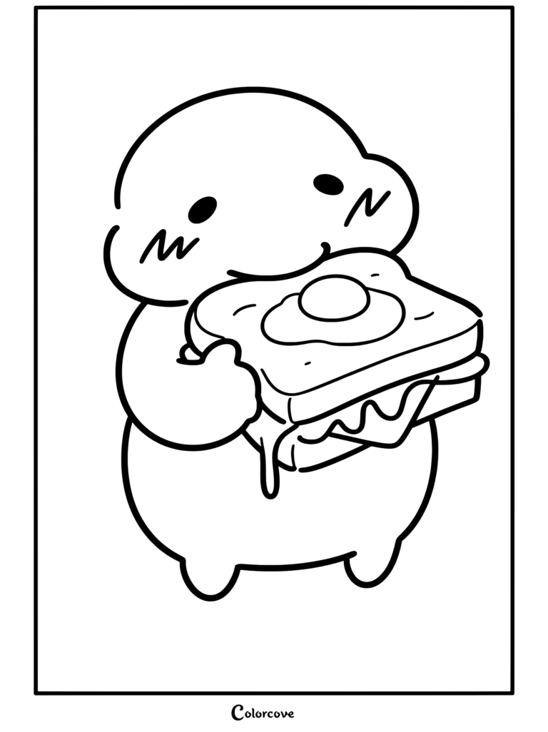 Una página para colorear imprimible que muestra a una linda criatura blanca regordeta comiendo un sándwich grande de huevo y queso con queso goteando y una expresión feliz, perfecta para los fans de la Comida Kawaii.