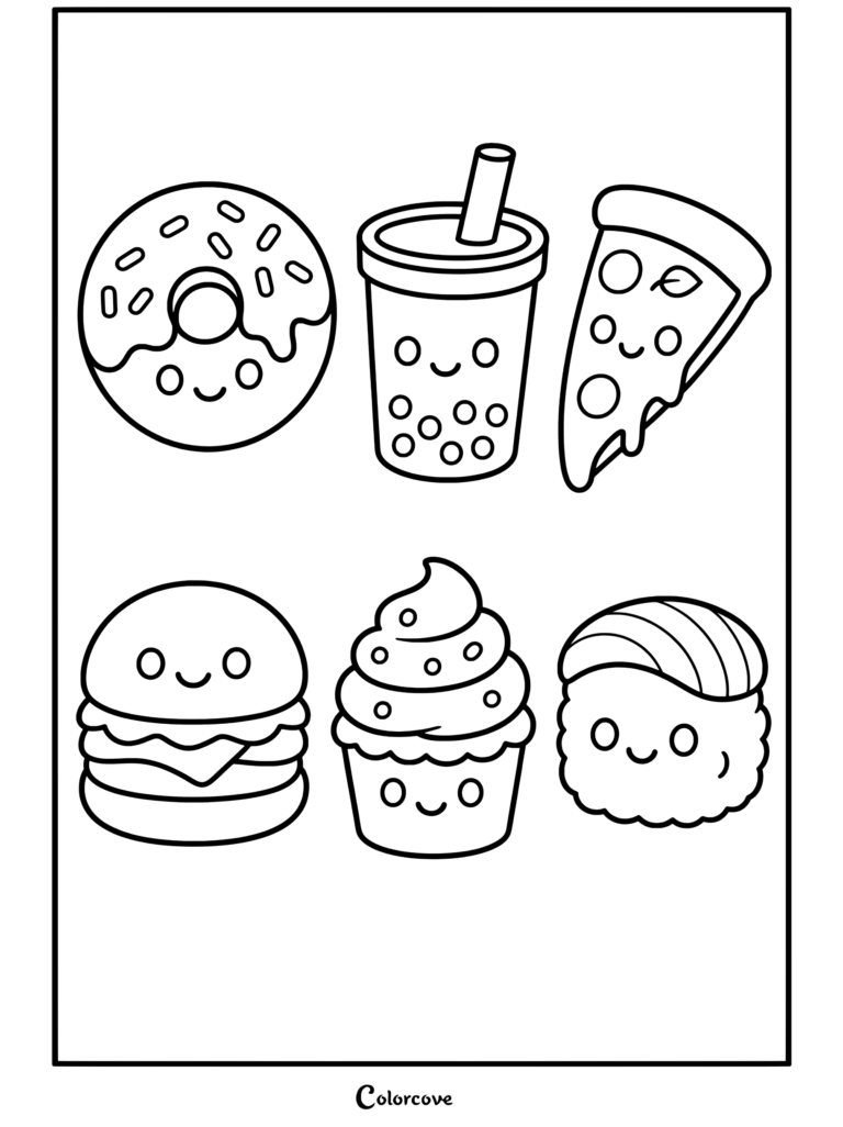 Colección de pegatinas de Comida Kawaii que presenta dona, té boba, rebanada de pizza, hamburguesa, pastelito y sushi con caras adorables y sonrientes, página para colorear terminada.