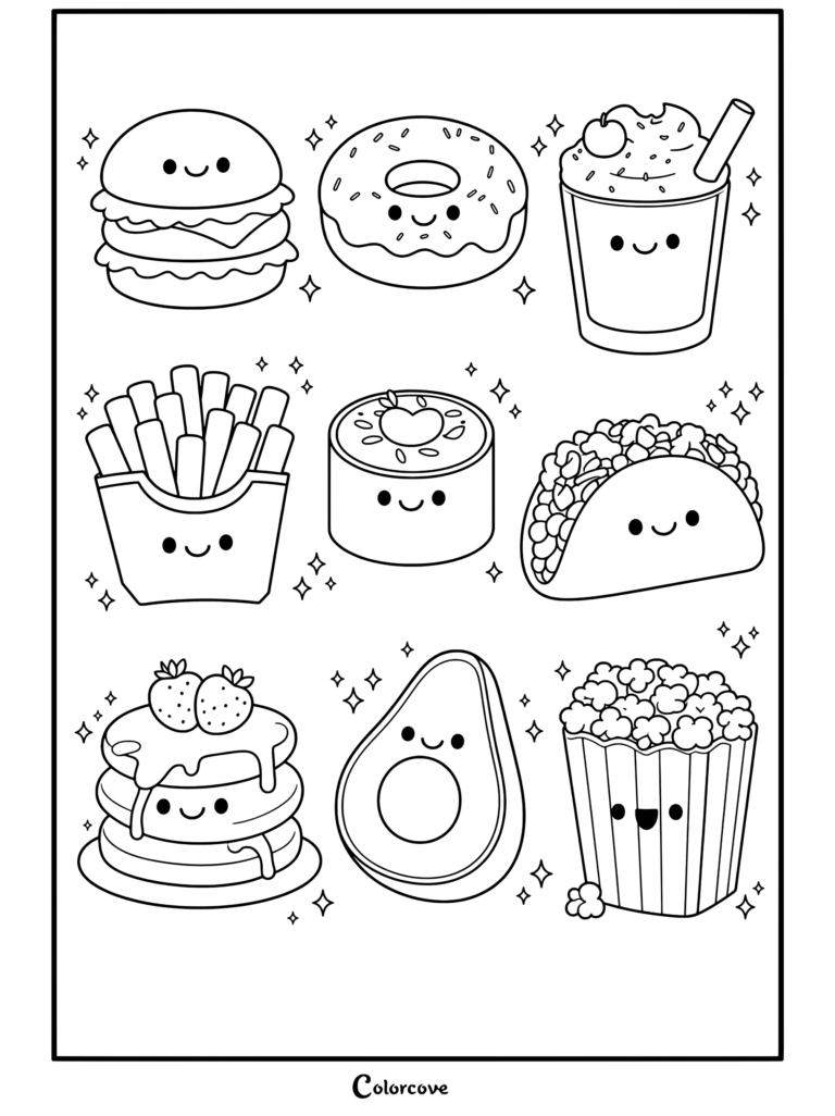 Una página para colorear de Comida Kawaii que presenta una colección de pegatinas de una hamburguesa sonriente, dona, batido, patatas fritas, sushi, taco, tortitas, aguacate y palomitas.