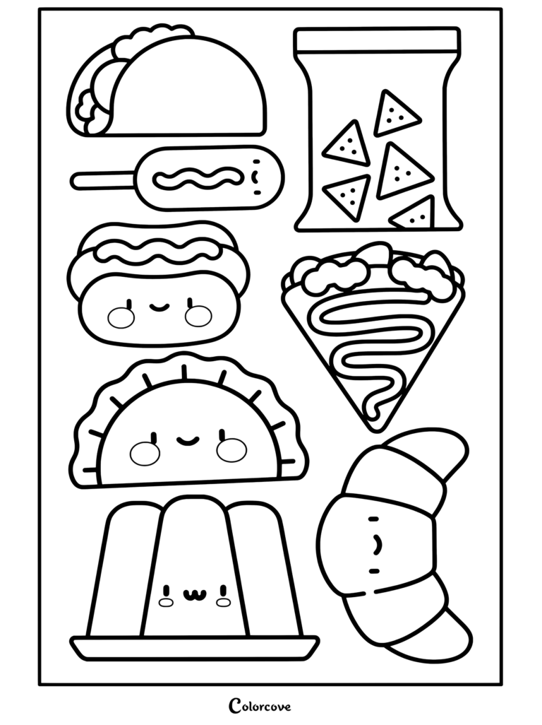 Página para colorear imprimible de pegatinas de Comida Kawaii que presenta taco, bolsa de aperitivos, banderilla, perrito caliente lindo, crepe, empanadilla, gelatina y cruasán.