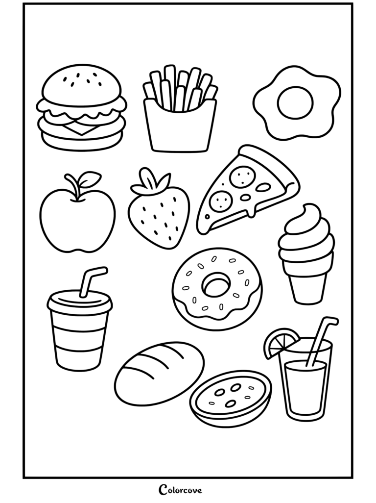 Una página para colorear de Comida Kawaii que presenta un juego de pegatinas con hamburguesa, patatas fritas, huevo, manzana, fresa, pizza, helado, bebida, dona, pan, tarta y zumo.