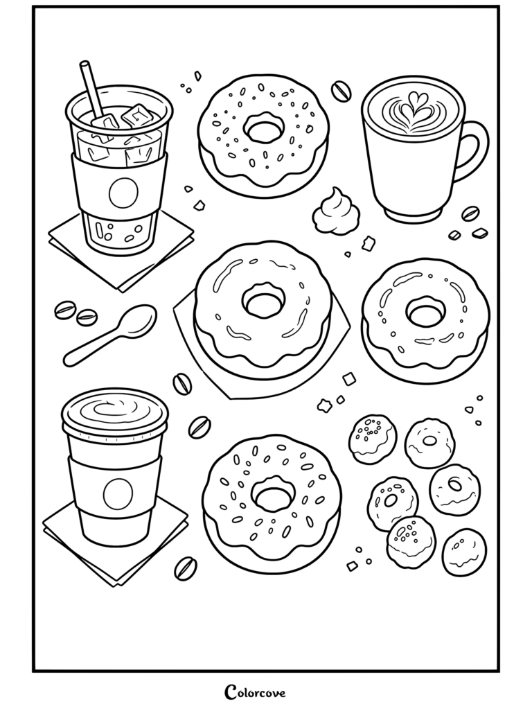 Una página para colorear de ilustración en acuarela de Comida Kawaii con café con hielo, latte, donas glaseadas y granos de café.