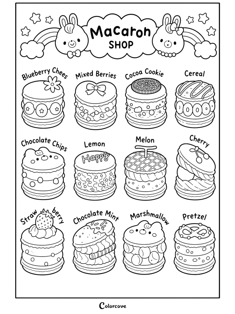 Página para colorear de menú de la tienda de macarons kawaii que presenta doce adorables macarons pastel que incluyen queso con arándanos, frutos del bosque mixtos, galleta de cacao, cereales, pepitas de chocolate y más.