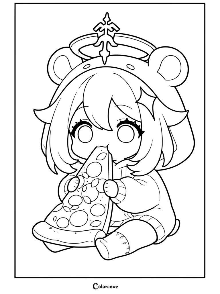 Página para colorear de Comida Kawaii que presenta a Paimon chibi comiendo una rebanada de pizza y vistiendo una sudadera con capucha de oso con ojos de estrella.