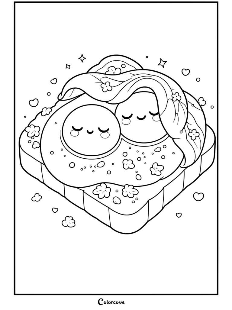 Página para colorear de Comida Kawaii con dos huevos fritos con caras felices durmiendo bajo una manta de aguacate sobre pan tostado con hierbas.