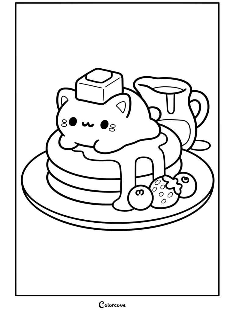 Una página para colorear imprimible de un pan de gato blanco kawaii descansando sobre tortitas con mantequilla y sirope que presenta temas de Comida Kawaii.