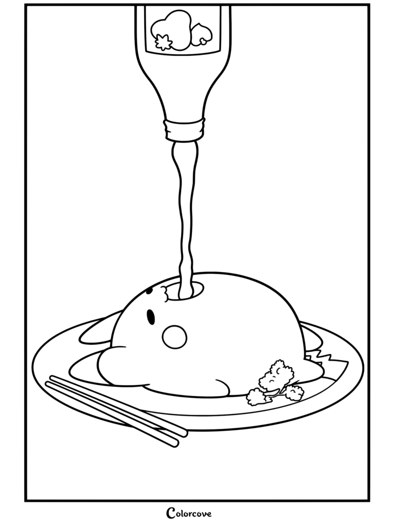 Plato de omurice en forma de Pikachu con kétchup siendo vertido en su boca abierta, página para colorear hecha para los entusiastas de la Comida Kawaii.