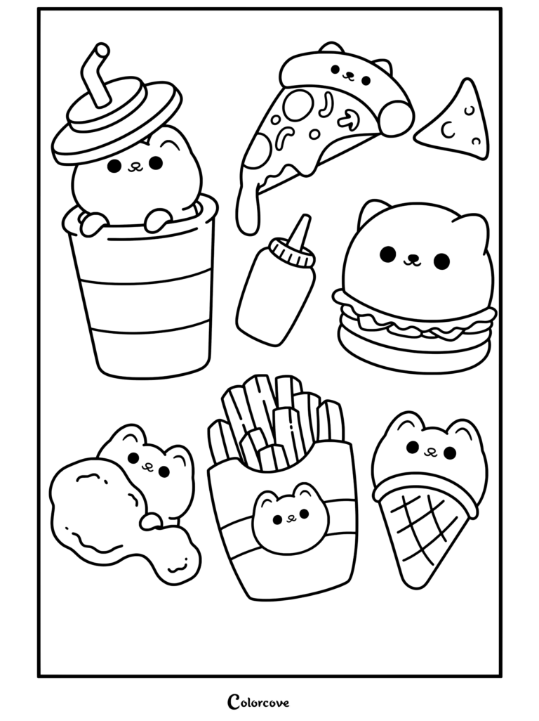 Página para colorear imprimible de una linda colección de comida rápida de gatos kawaii con hamburguesa, patatas fritas, pizza, helado y bebida hecha para los fans de la Comida Kawaii.
