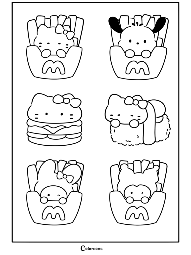 Página para colorear de Comida Kawaii con los personajes de Sanrio Hello Kitty, Pochacco, My Melody y Kuromi estilizados como hamburguesas, patatas fritas y sushi de comida rápida.