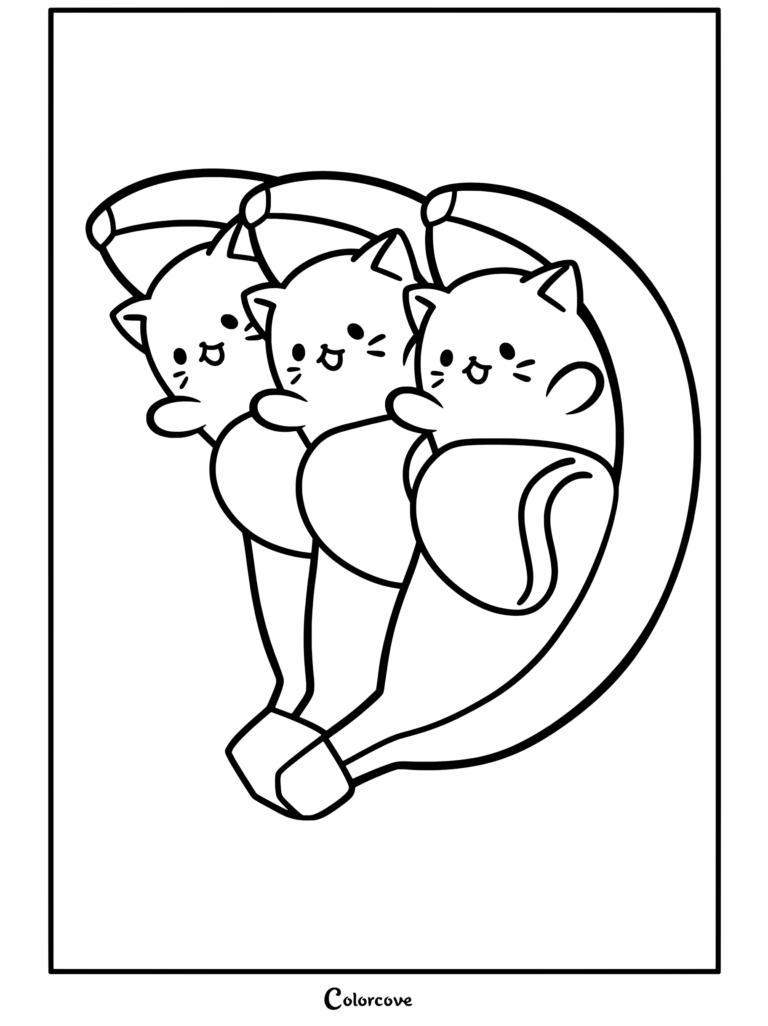 Una página para colorear que muestra tres lindos gatos blancos kawaii asomándose desde el interior de plátanos pelados, perfecta para los fans de la Comida Kawaii.