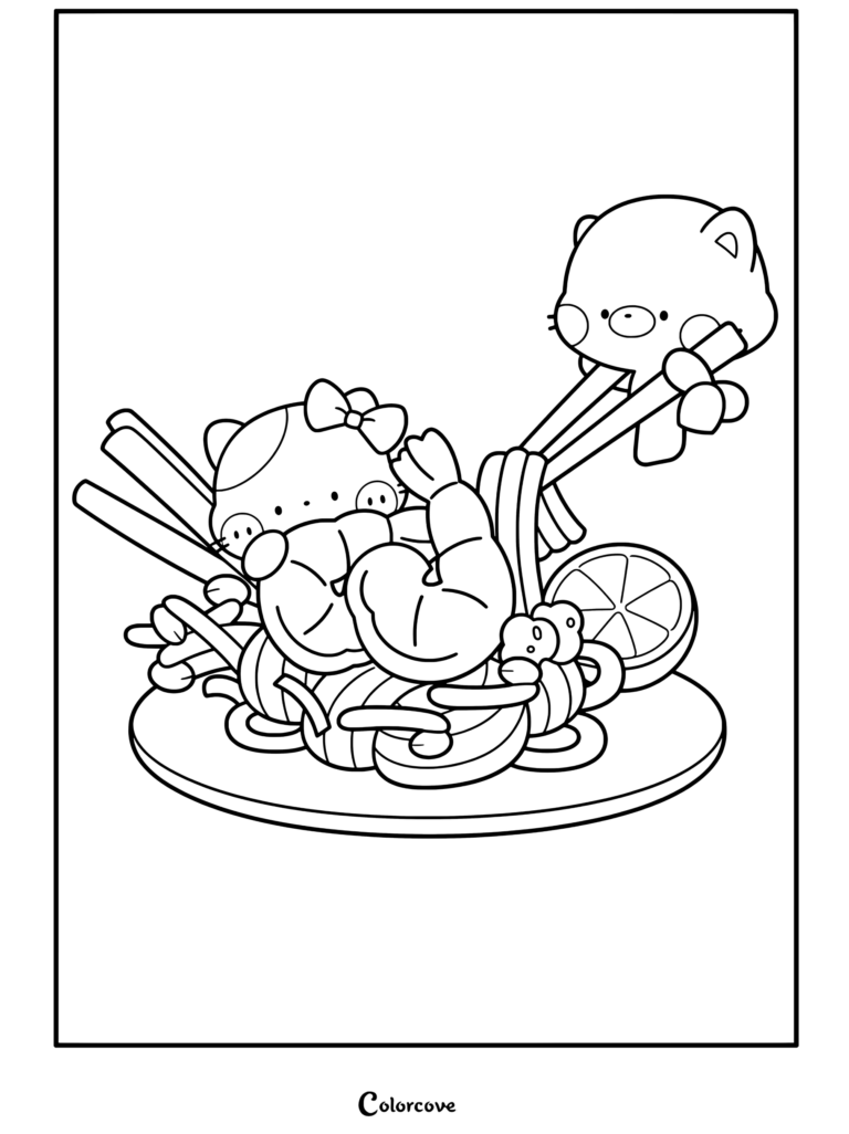 Una página para colorear imprimible que muestra dos lindos gatos kawaii comiendo fideos pad thai con camarones y lima de la colección de Comida Kawaii.