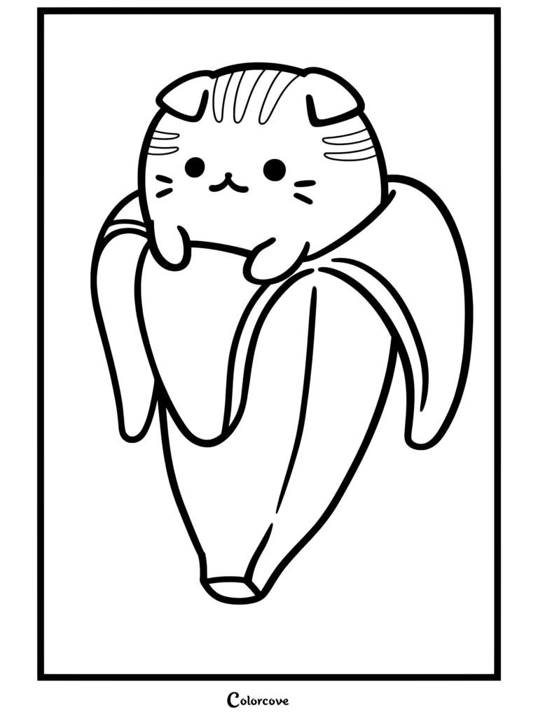 Un lindo gato atigrado naranja que se asoma desde el interior de un plátano amarillo pelado, página para colorear con un diseño de Comida Kawaii.