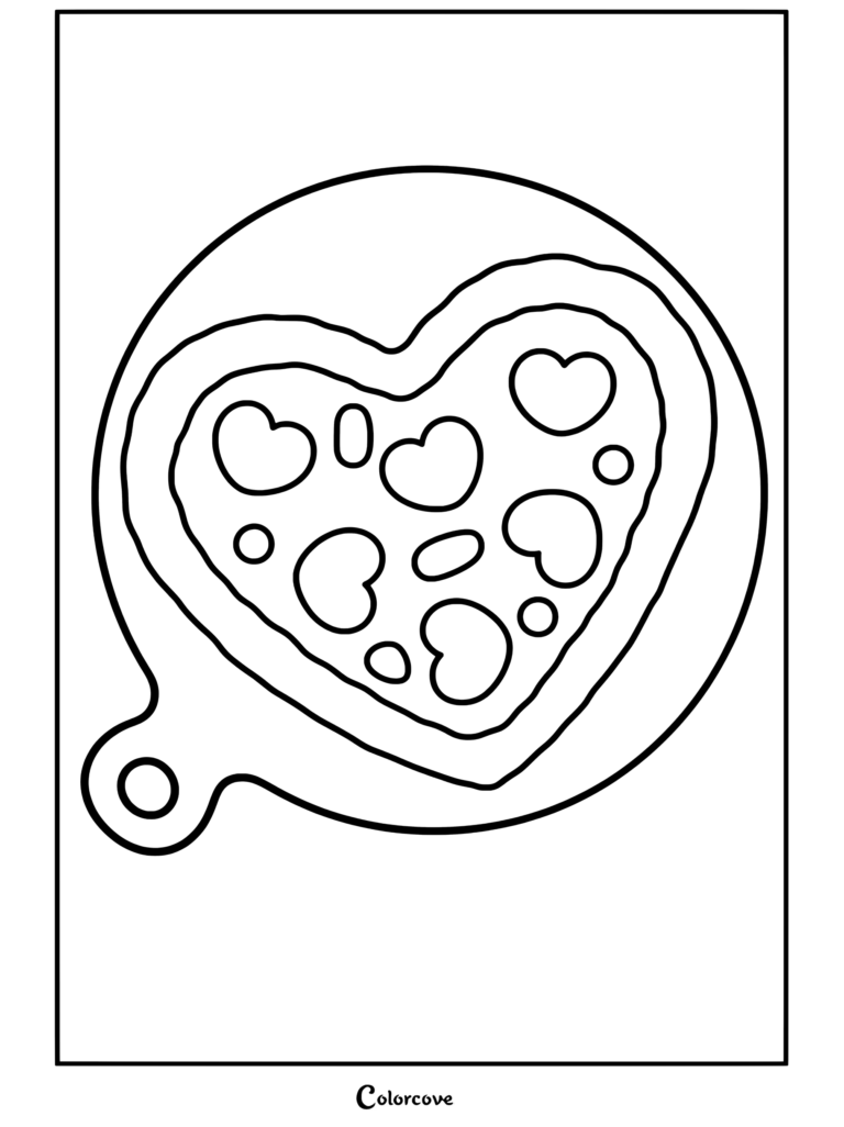 Dibujo de Comida Kawaii con una pizza en forma de corazón con pepperoni y aceitunas sobre una tabla de cortar de madera.