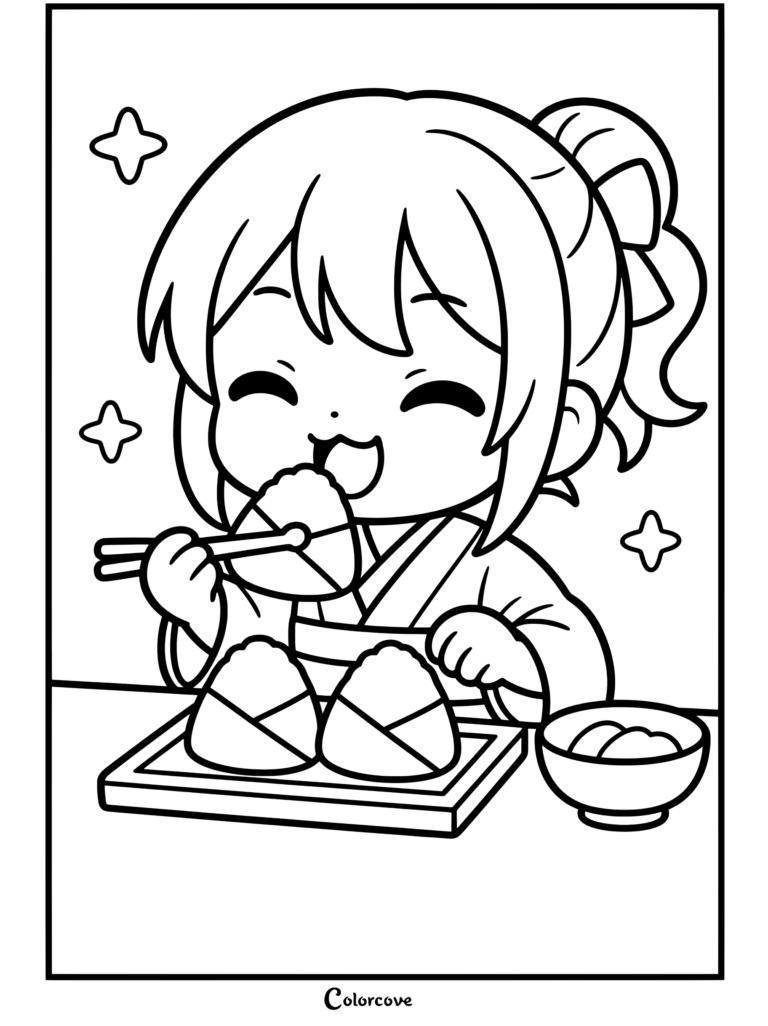 Chica anime kawaii con cabello negro y cinta roja para el pelo comiendo una bola de arroz con palillos al lado de una tabla de madera de onigiri y un bol de encurtidos, página para colorear para fans de la Comida Kawaii.
