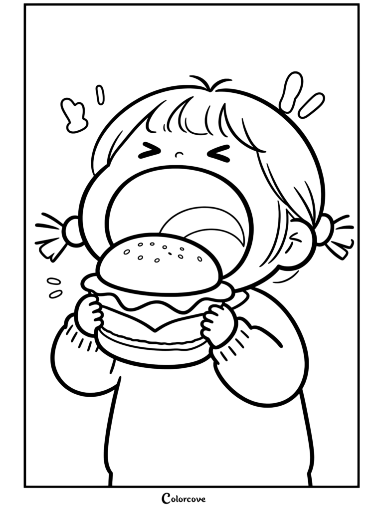 Chica anime kawaii con coletas comiendo una hamburguesa grande con la boca abierta de par en par, página para colorear con elementos de Comida Kawaii.