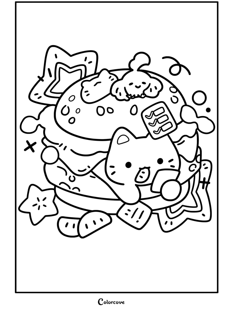 Una página para colorear imprimible de Comida Kawaii que presenta a un gato calicó kawaii merendando dentro de una hamburguesa con queso con lindas galletas en forma de pájaro y estrella.