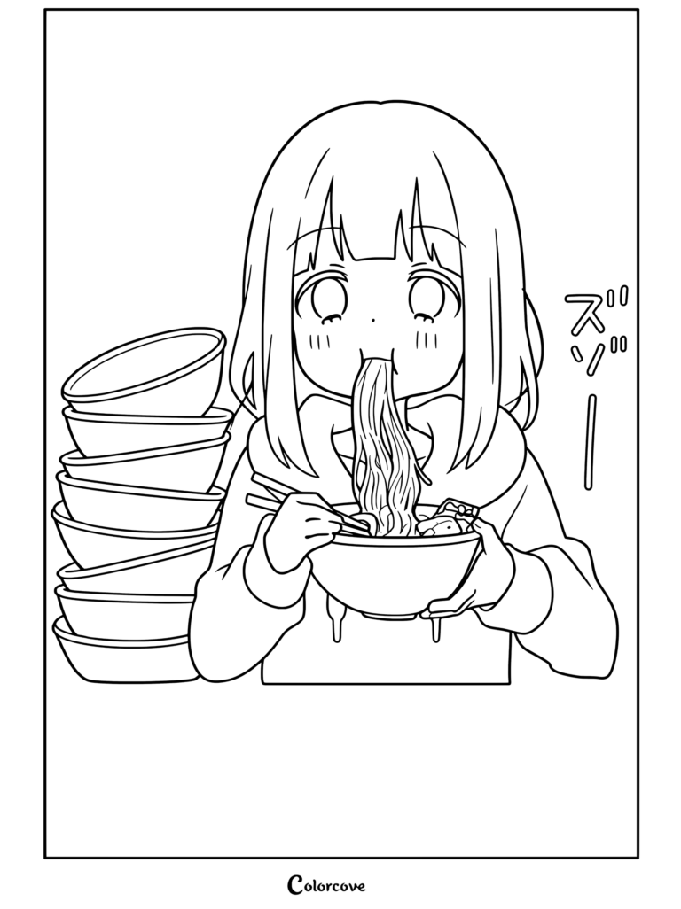 Lindo dibujo de chica anime comiendo ramen con una alta pila de tazones rojos vacíos a su lado de Fideos Kawaii