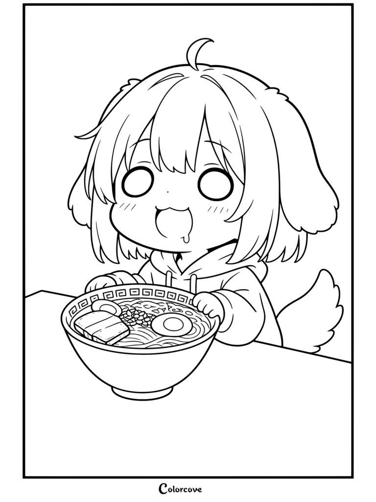 Página para colorear de personaje de chica perro kawaii babeando emocionada frente a un tazón humeante de ramen con Fideos Kawaii