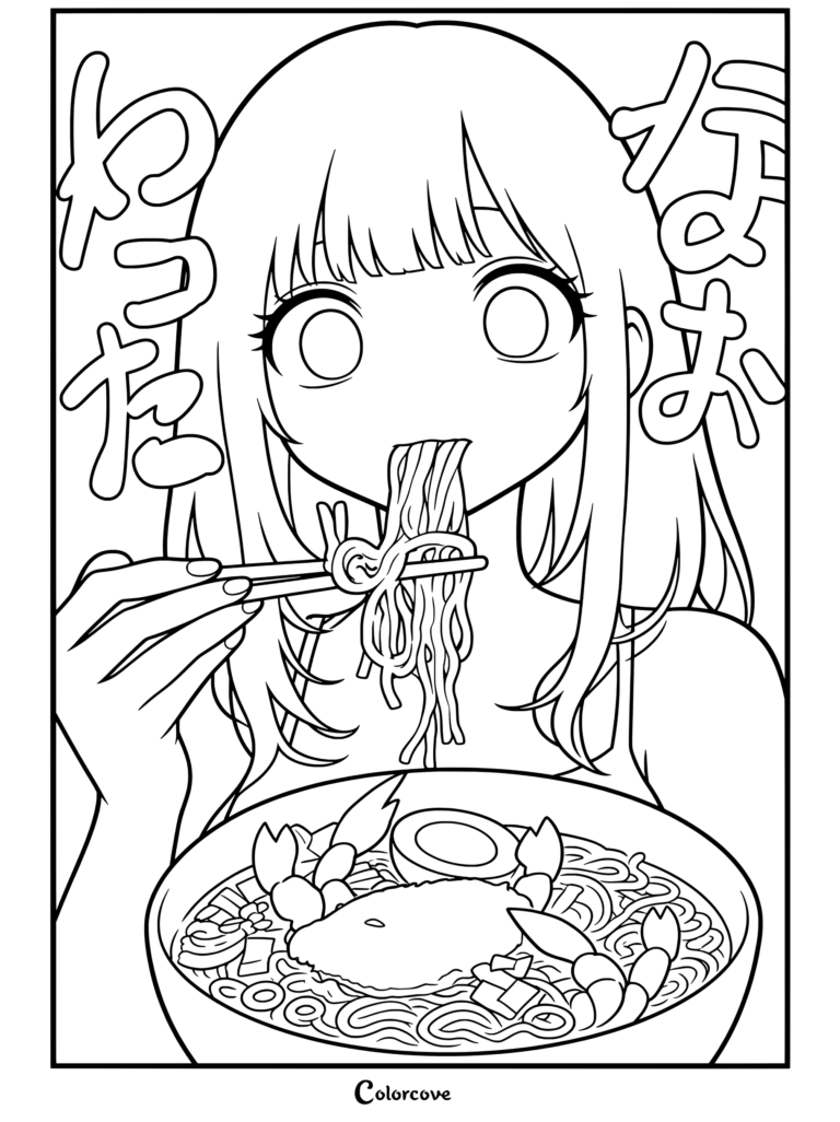 Chica anime de empanadilla kawaii con cabello negro y ojos intensos sorbiendo ramen picante de cangrejo con palillos chinos, página para colorear para fans de los Fideos Kawaii