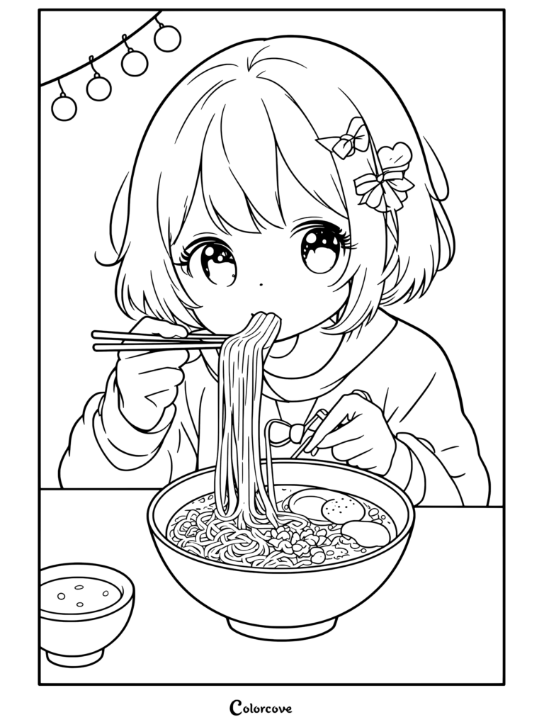 Página para colorear de Fideos Kawaii con una chica anime de cabello corto y rubio comiendo ramen con palillos chinos de un tazón grande.