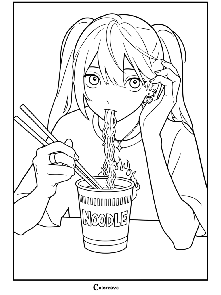 Chica anime con cabello azul de empanadilla kawaii comiendo fideos en vaso con palillos chinos, camiseta negra de llamas y aretes, página para colorear para fans de los Fideos Kawaii.