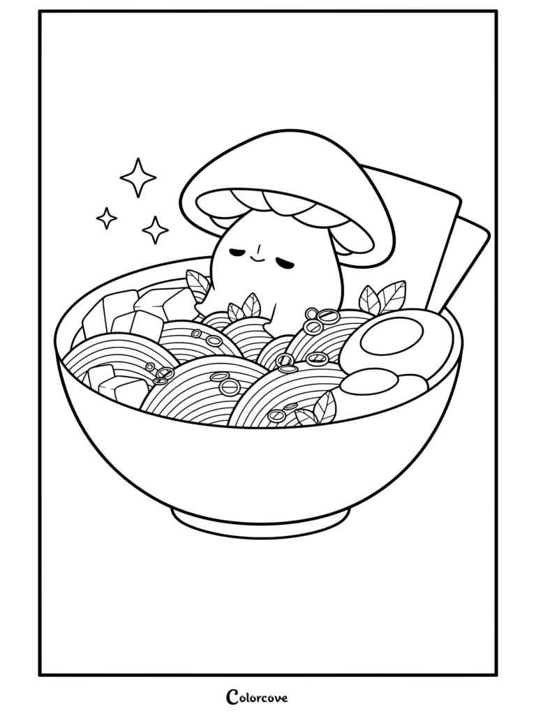 Página para colorear de Fideos Kawaii con un personaje de hongo kawaii relajándose felizmente en un tazón de ramen con tofu, huevos y nori