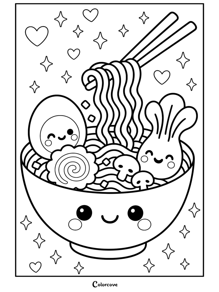 Un tazón de ramen rosado kawaii con un huevo feliz, bok choy, hongo, naruto y palillos chinos levantando fideos, diseñado como un divertido dibujo de Fideos Kawaii para colorear.