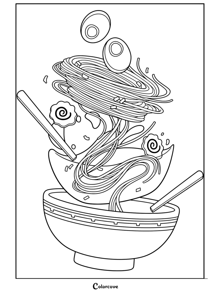 Una página para colorear de tazón de ramen kawaii con fideos flotantes, caldo, rodajas de huevo y palillos chinos.