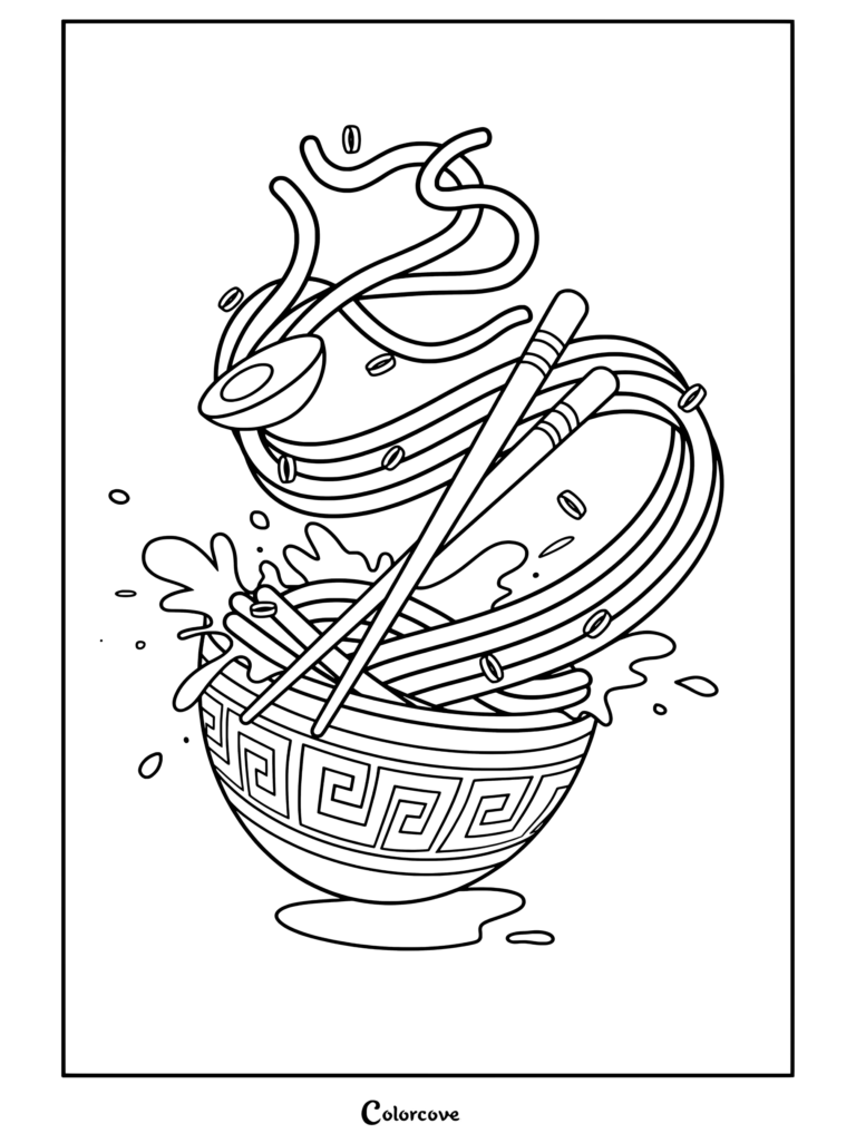 Página para colorear imprimible de fideos kawaii con un tazón de ramen salpicando con fideos voladores, palillos chinos y un huevo.