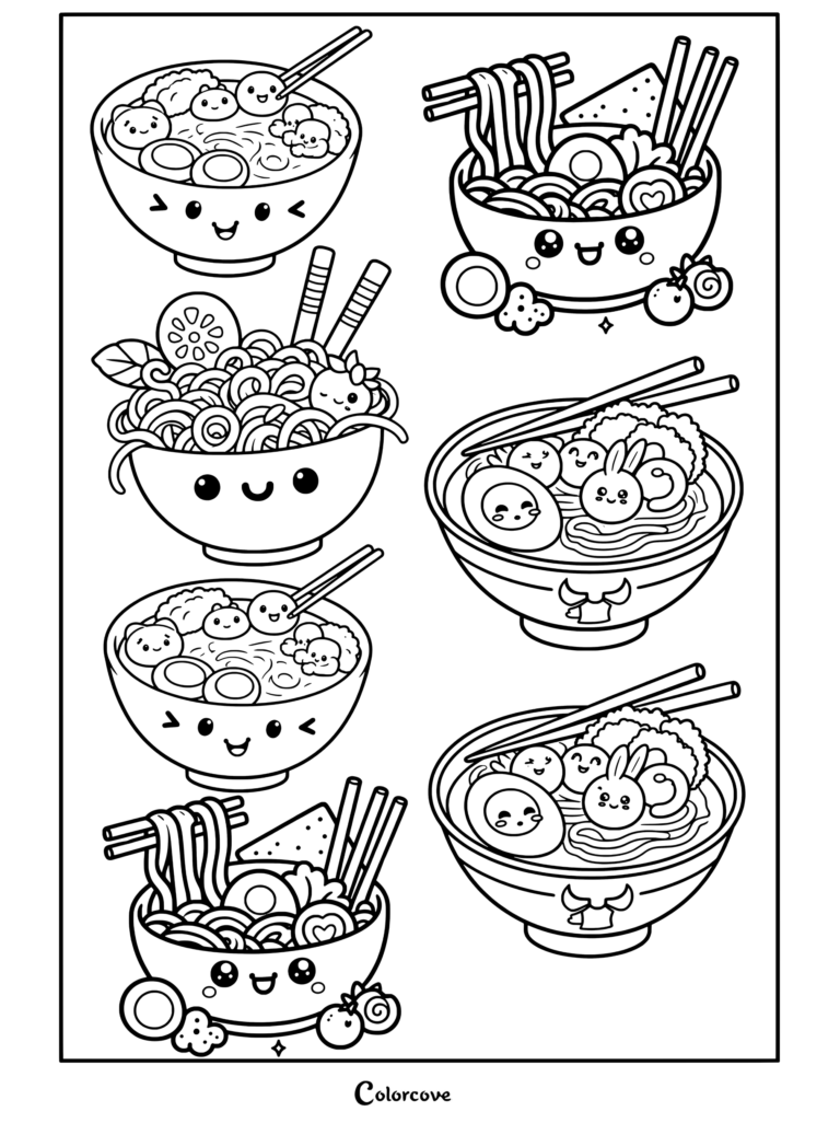 Página para colorear de fideos kawaii con una pegatina de tazón de ramen kawaii con un huevo sonriente, un personaje de camarón y palillos chinos.