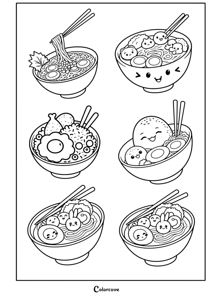 Página para colorear de Fideos Kawaii con pegatinas de tazones de ramen kawaii con caras lindas, fideos, huevos y palillos chinos.