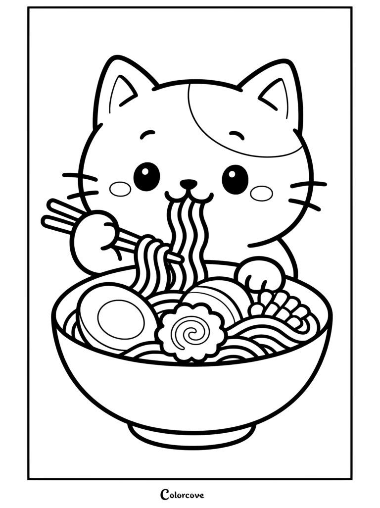 Página para colorear de Fideos Kawaii con un lindo gato calicó comiendo ramen con palillos chinos de un tazón.