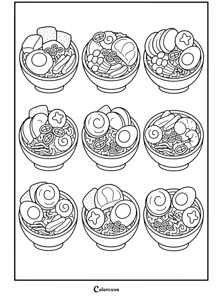 Página para colorear de fideos kawaii que representa una cuadrícula de variaciones de tazones de ramen kawaii con diferentes aderezos como cerdo chashu, huevo, naruto y hongo shiitake.