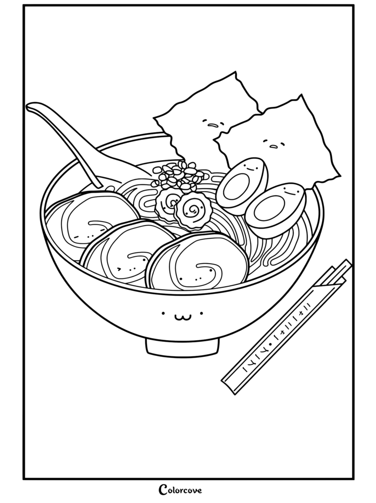 Página para colorear de Fideos Kawaii con un tazón de ramen kawaii con una cara tierna rodeado de cerdo chashu, huevos cocidos, hojas de nori y palillos chinos.