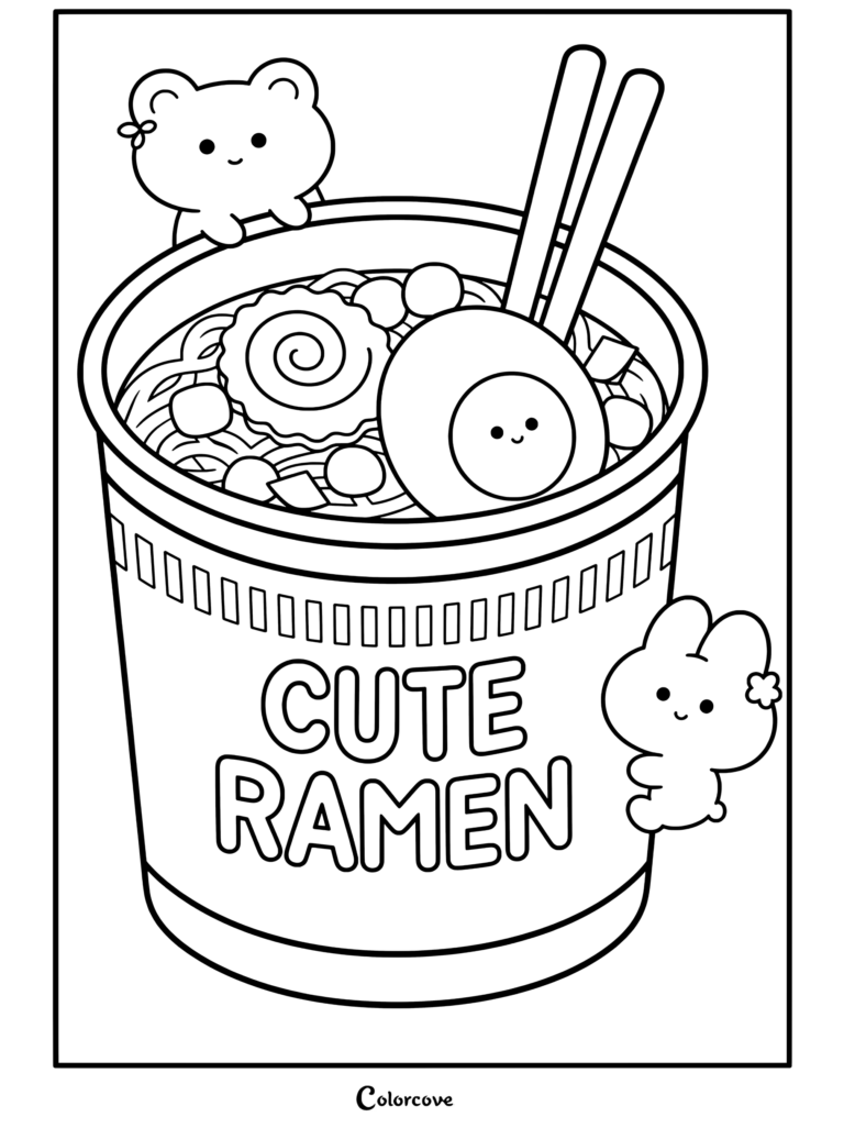 Página para colorear de Fideos Kawaii con un vaso de ramen kawaii con lindas mascotas de oso y conejo, palillos chinos y un huevo feliz.