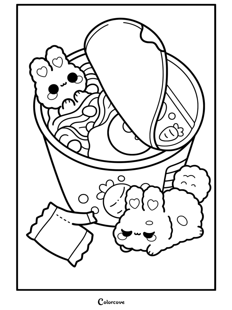Página para colorear imprimible de un vaso de ramen kawaii con conejitos lindos y sabor a vegetales y huevo para los fans de los Fideos Kawaii.