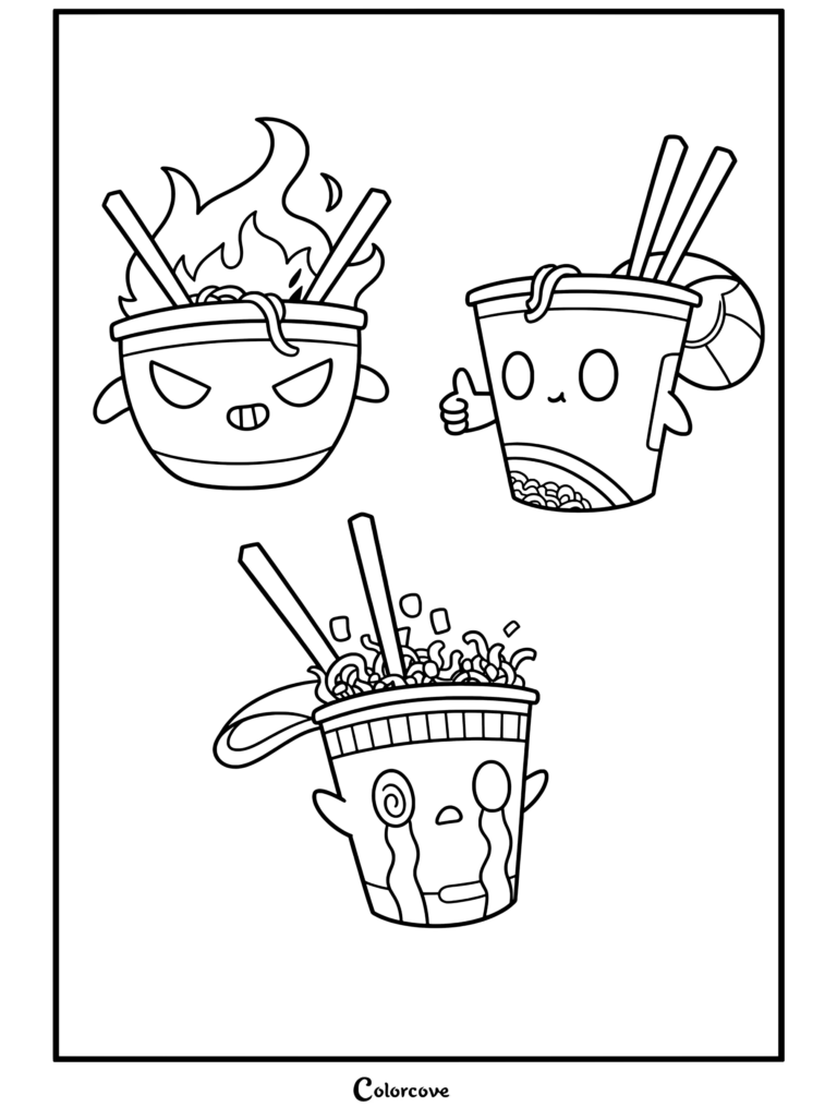 Página para colorear de fideos kawaii con un tazón enojado y picante, un vaso feliz con el pulgar hacia arriba y un vaso desordenado y lloroso con palillos chinos.