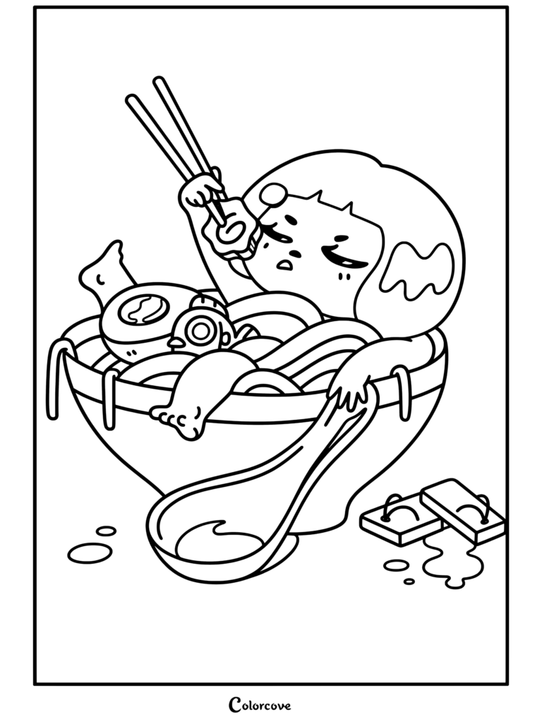 Una página para colorear imprimible con un personaje rojo kawaii relajándose en un tazón grande de ramen comiendo fideos con palillos chinos.