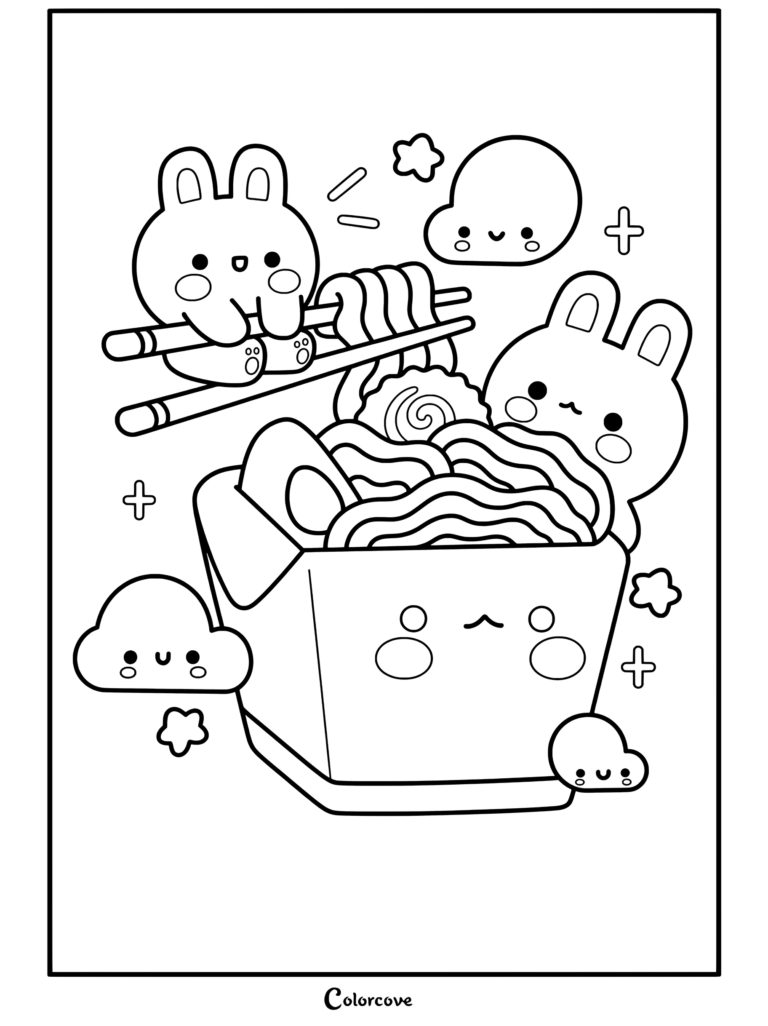 Página para colorear de Fideos Kawaii con conejitos kawaii blancos y marrones comiendo ramen de una caja para llevar con nubes lindas y palillos chinos