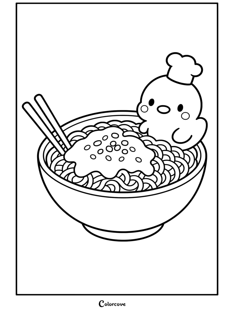 Una página para colorear imprimible de un tierno pollito amarillo chef con un pequeño sombrero sentado dentro de un tazón morado de fideos ramen con palillos chinos y corazones.
